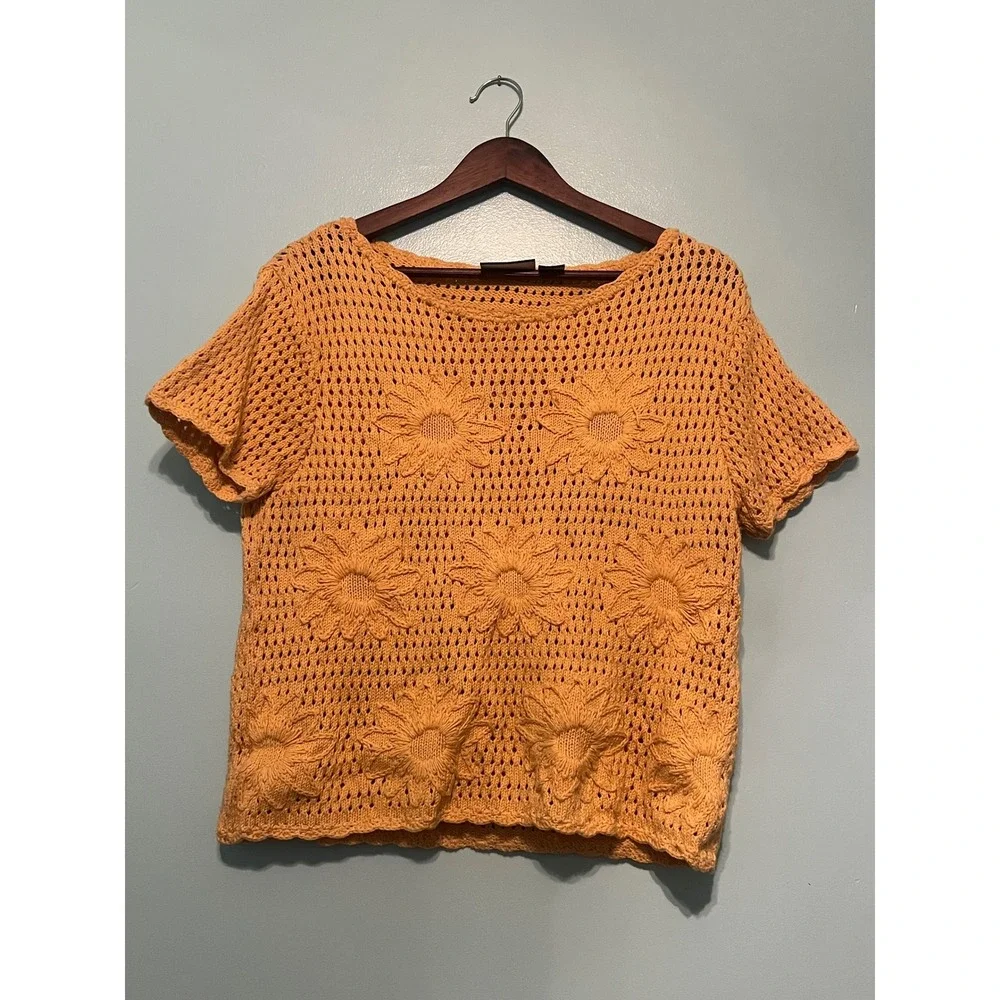 90s Floral Sun Crop Sweater Liz Claiborne Vintage Yellow M
